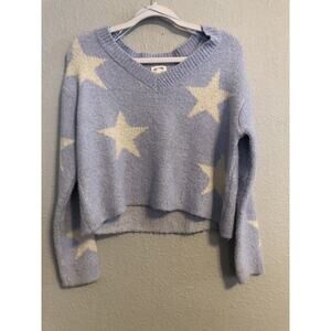 Hippie Rose Womens Sweater Small Blue White Stars Cropped V-neck Some Wear